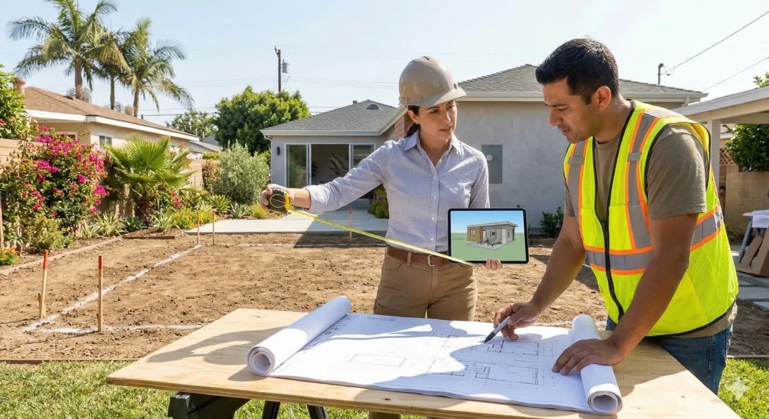 Contractors and a designer reviewing blueprints and a digital 3D model on a residential construction site.